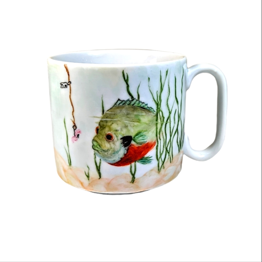 Hand Painted Studio Art Fish Sea Scene Coffee Mug Signed "Tim"